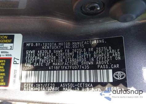 2015 Toyota Camry Se from USA, damaged, VIN 4T1BF1FK7FU077435